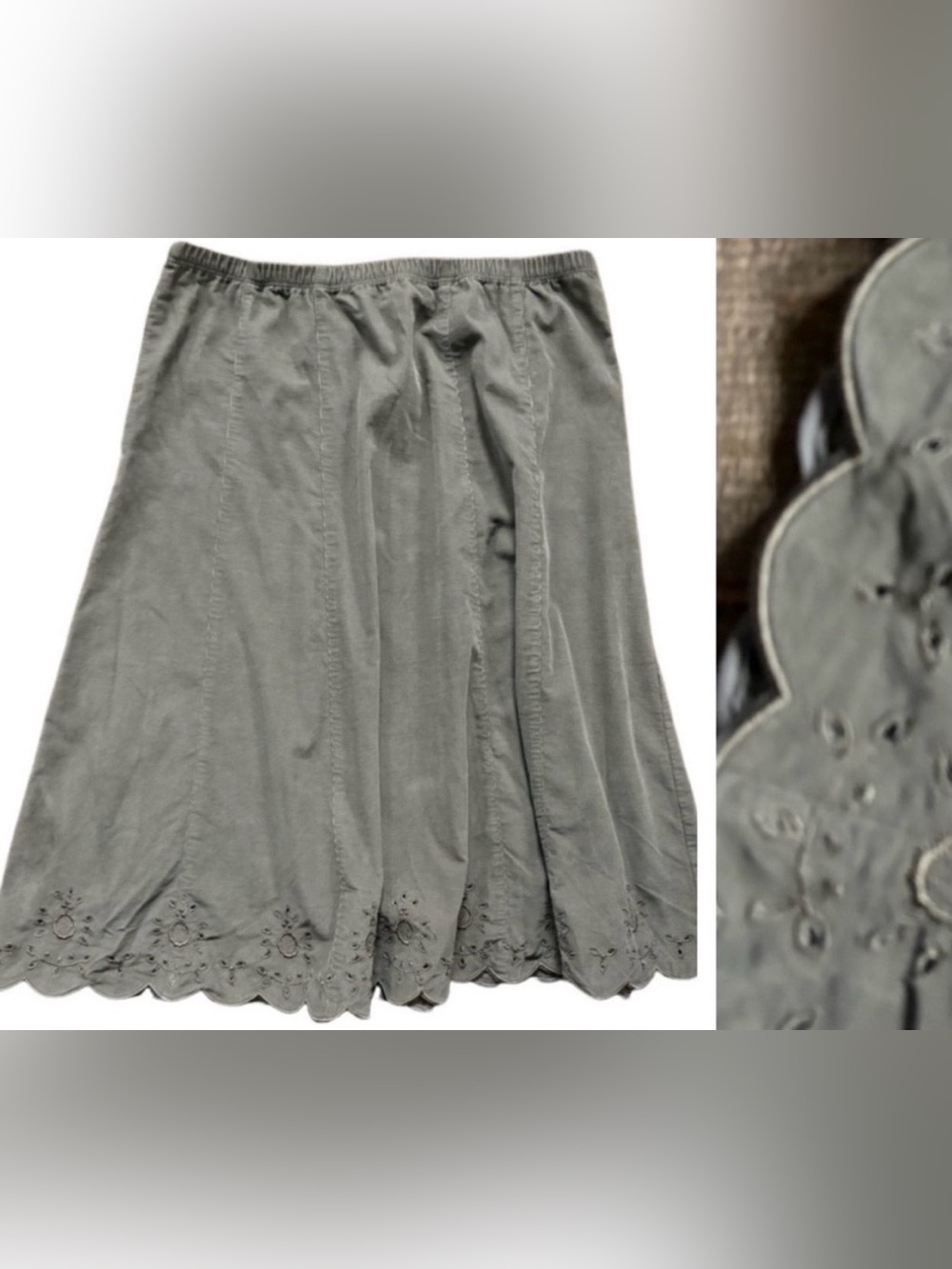 JJill Corduroy Khaki Green Midi Full Skirt Eyelet Embroidered Scallop Hem Med